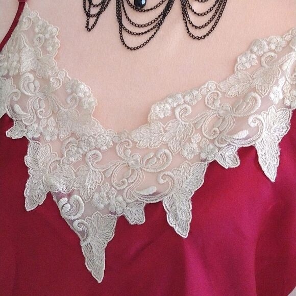 VTG 90s Red Satin White Lace Trim Long Slitted Lingerie Slip Dress Large - Picture 5 of 16